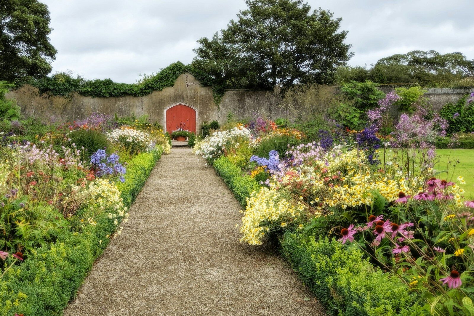 A path leads through a colorful flower garden.